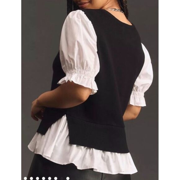 ~ Anthropologie L Sweater/Blouse Mixed Media Black White Balloon Poplin Knit Lg - Picture 2 of 15